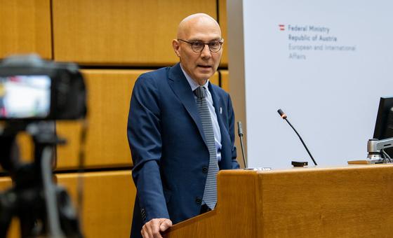 Volker Türk, UN High Commissioner for Human Rights, addresses a conference for youth human rights defenders at the UN in Vienna (file)..
