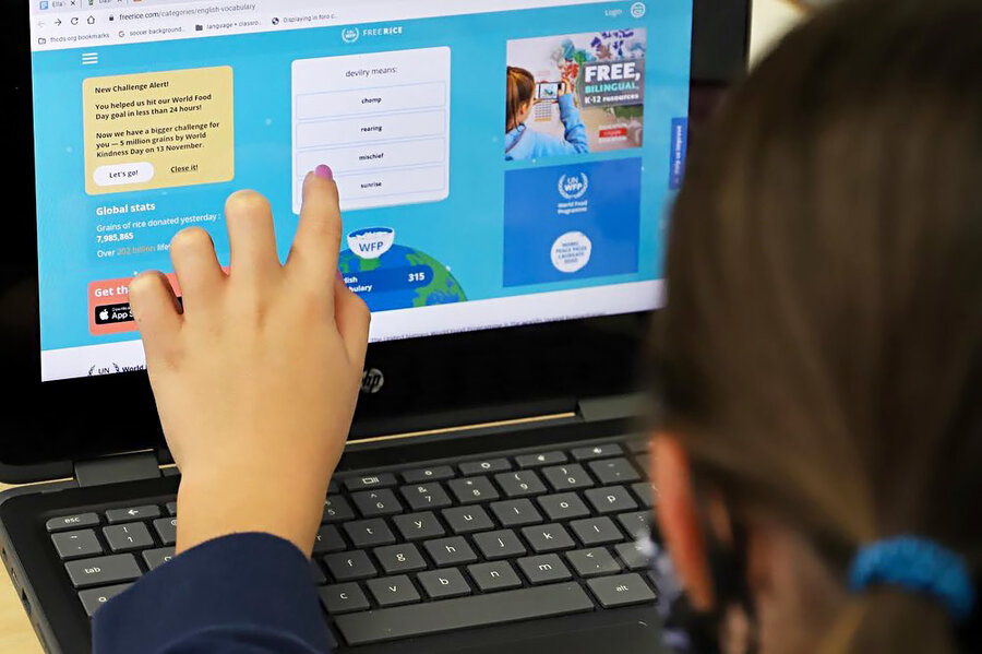 student playing online game