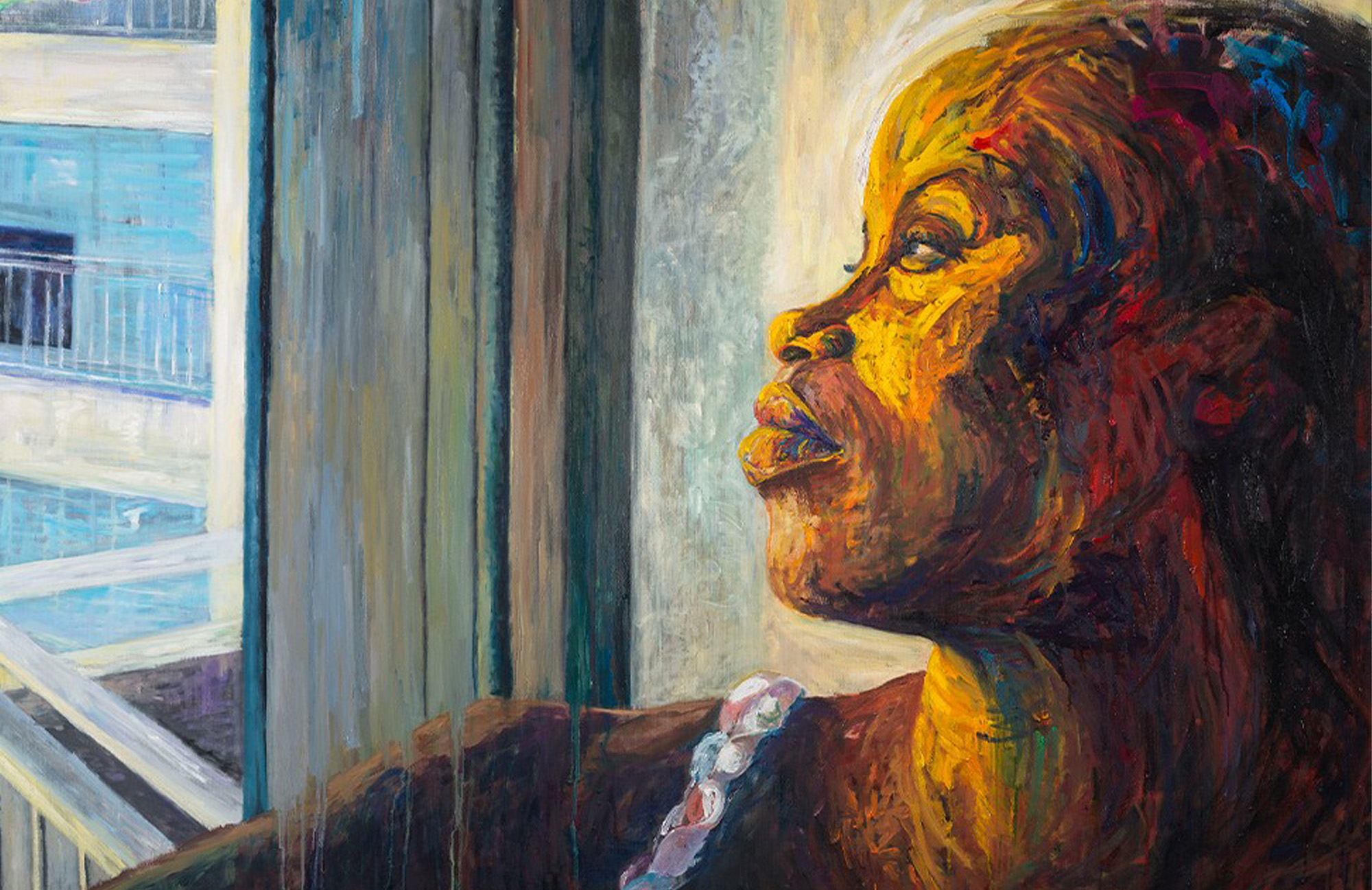 Painting of an Afro-descendant woman looking out of a window.