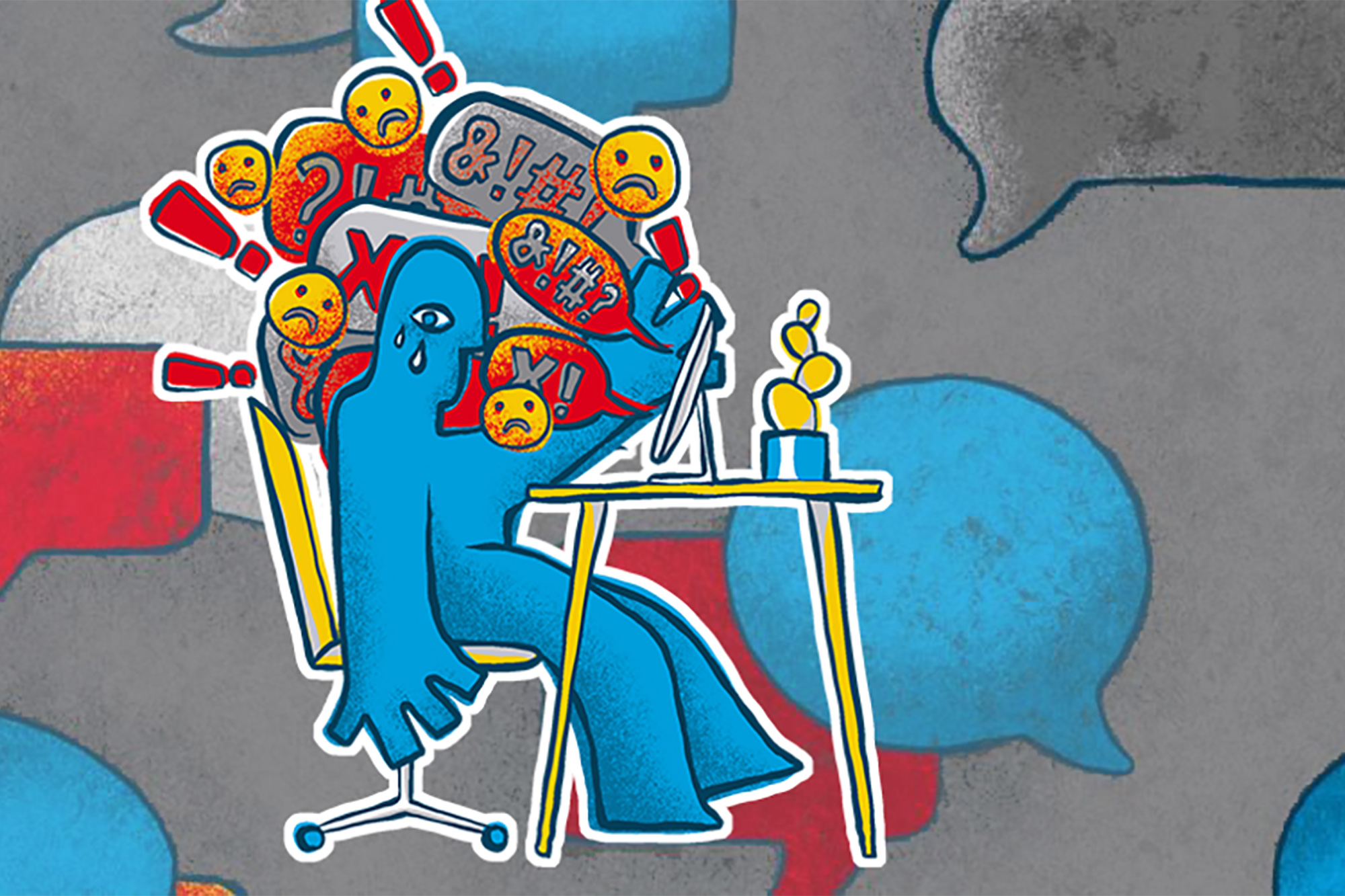 A graphic representation of a person sitting at a table in front of a computer receiving hate messages online.