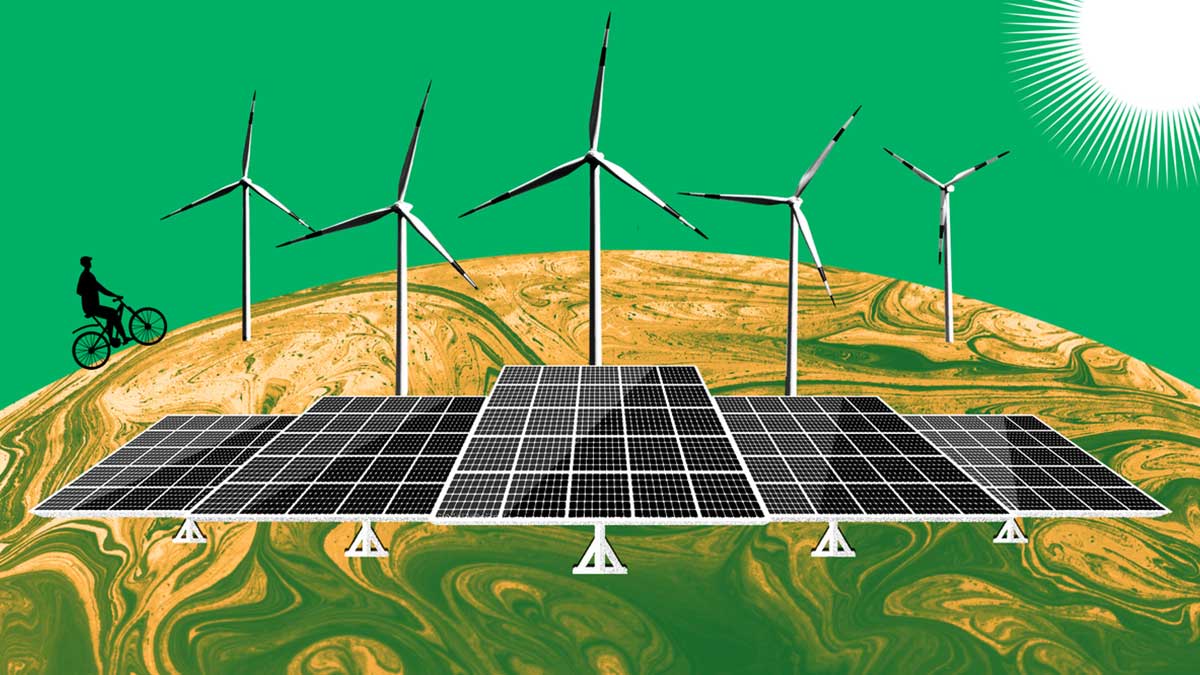 photocomposition: a bicyclist climbs the globe behind wind turbines and solar panels
